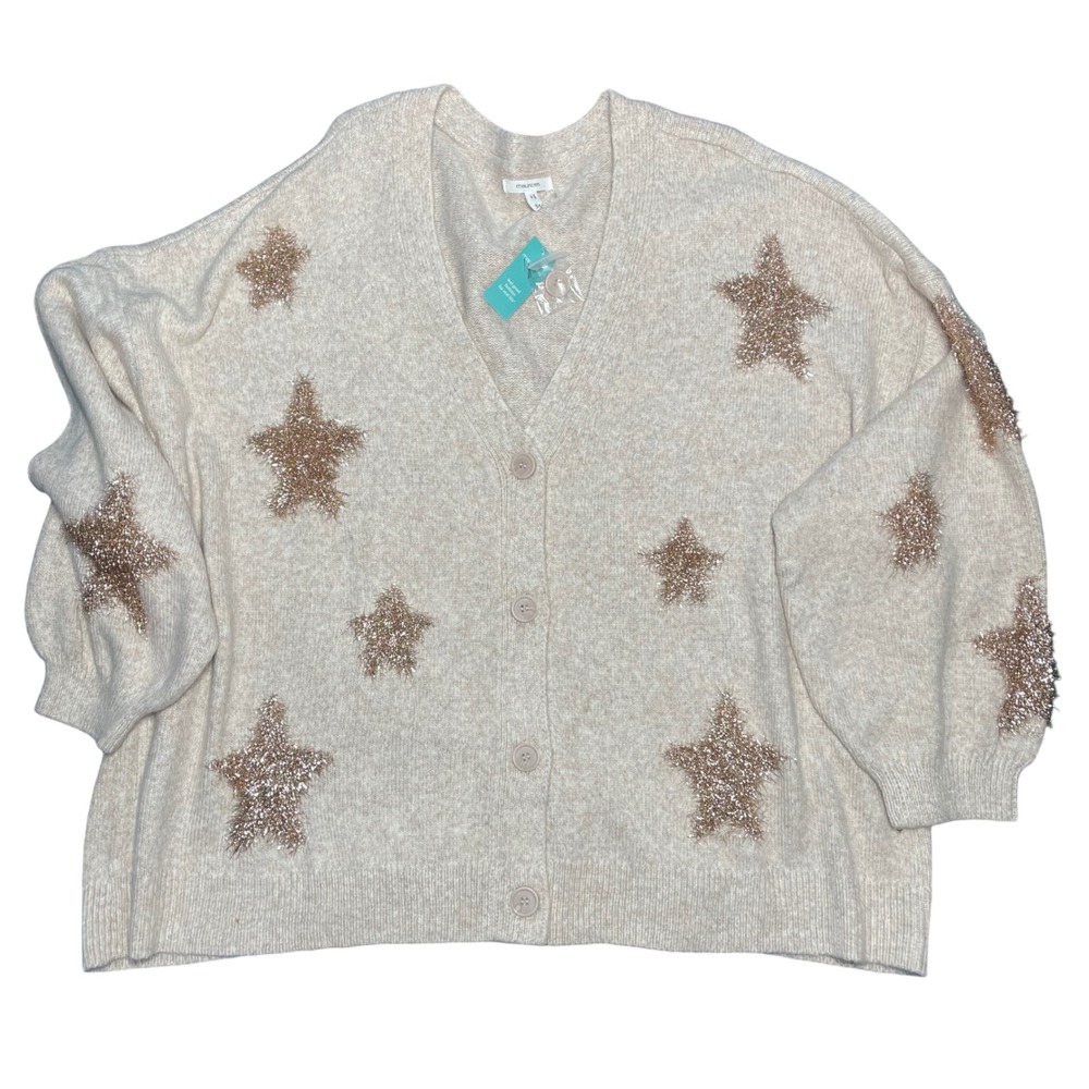 Maurices Womens 3X Star Tinsel Cardigan Sweater Oatmeal Rose‎ Gold Metallic NEW